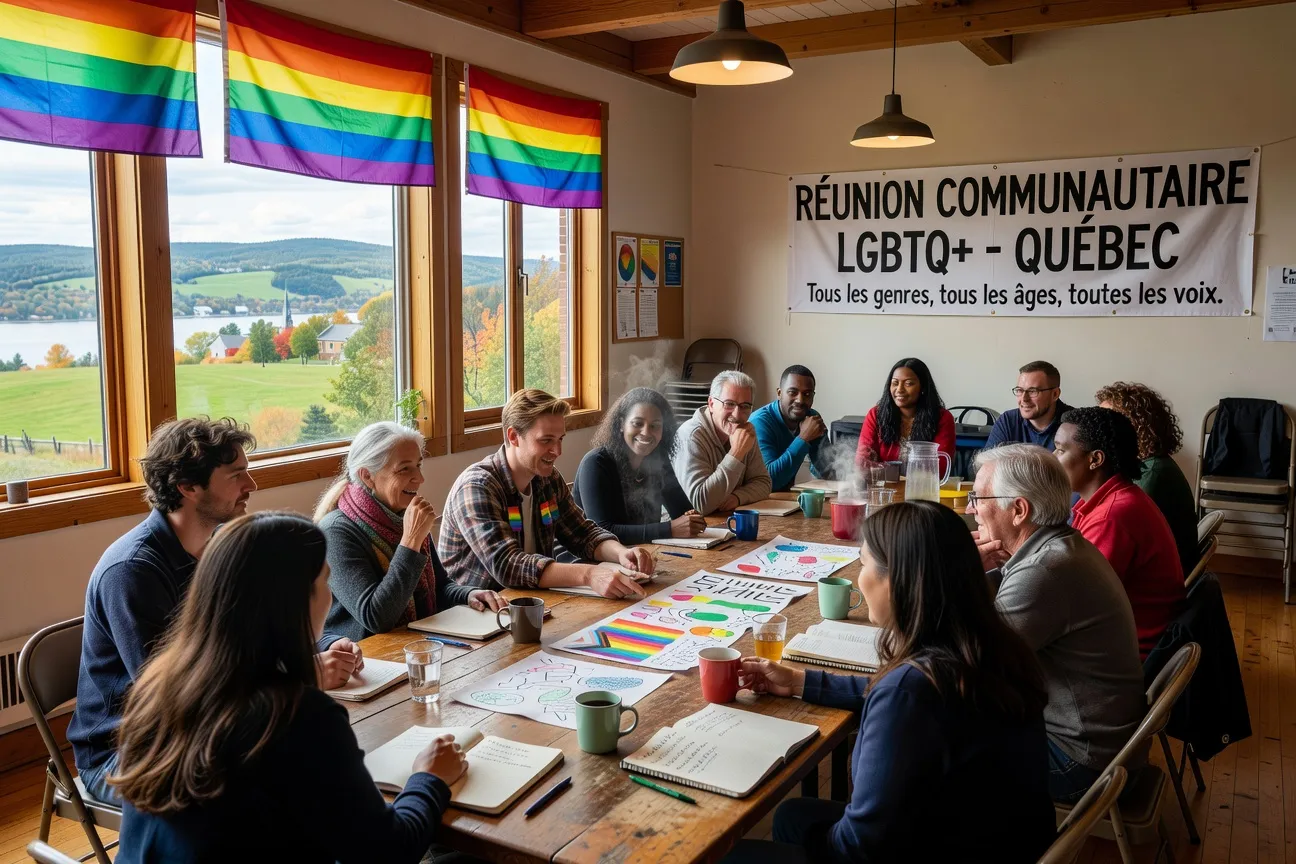 Groupe d'activistes lors d'une réunion communautaire LGBTQ+ dans une région québécoise