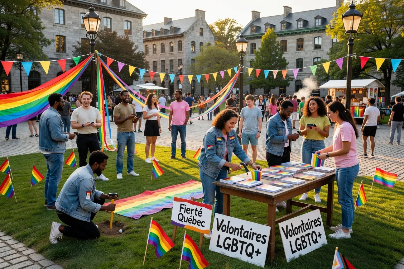 Jeunes bénévoles LGBTQ+ travaillant ensemble lors d'un événement communautaire au Québec