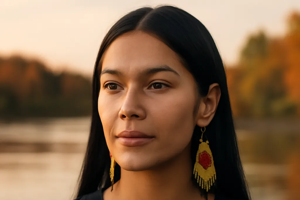 Portrait d'une femme autochtone adulte portant une boucle d'oreille perlée, au bord d'une rivière québécoise à l'automne