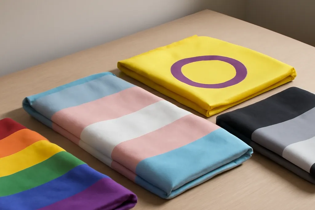 Drapeaux des fiertés pliés sur une table de bois clair : arc-en-ciel, transgenre, intersexe et asexuel