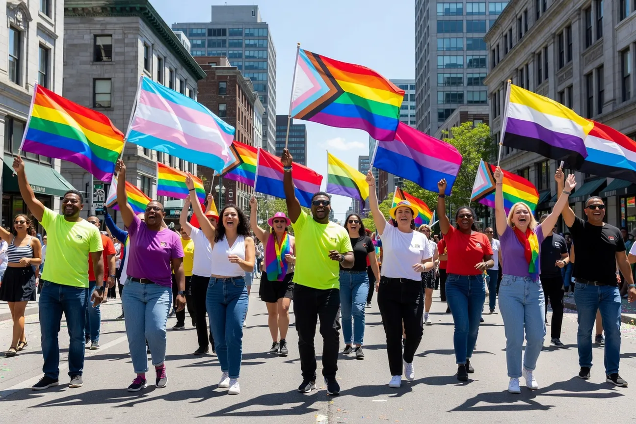 Collection de drapeaux LGBTQ+ diverses lors d'une Fiert&eacute; au Qu&eacute;bec