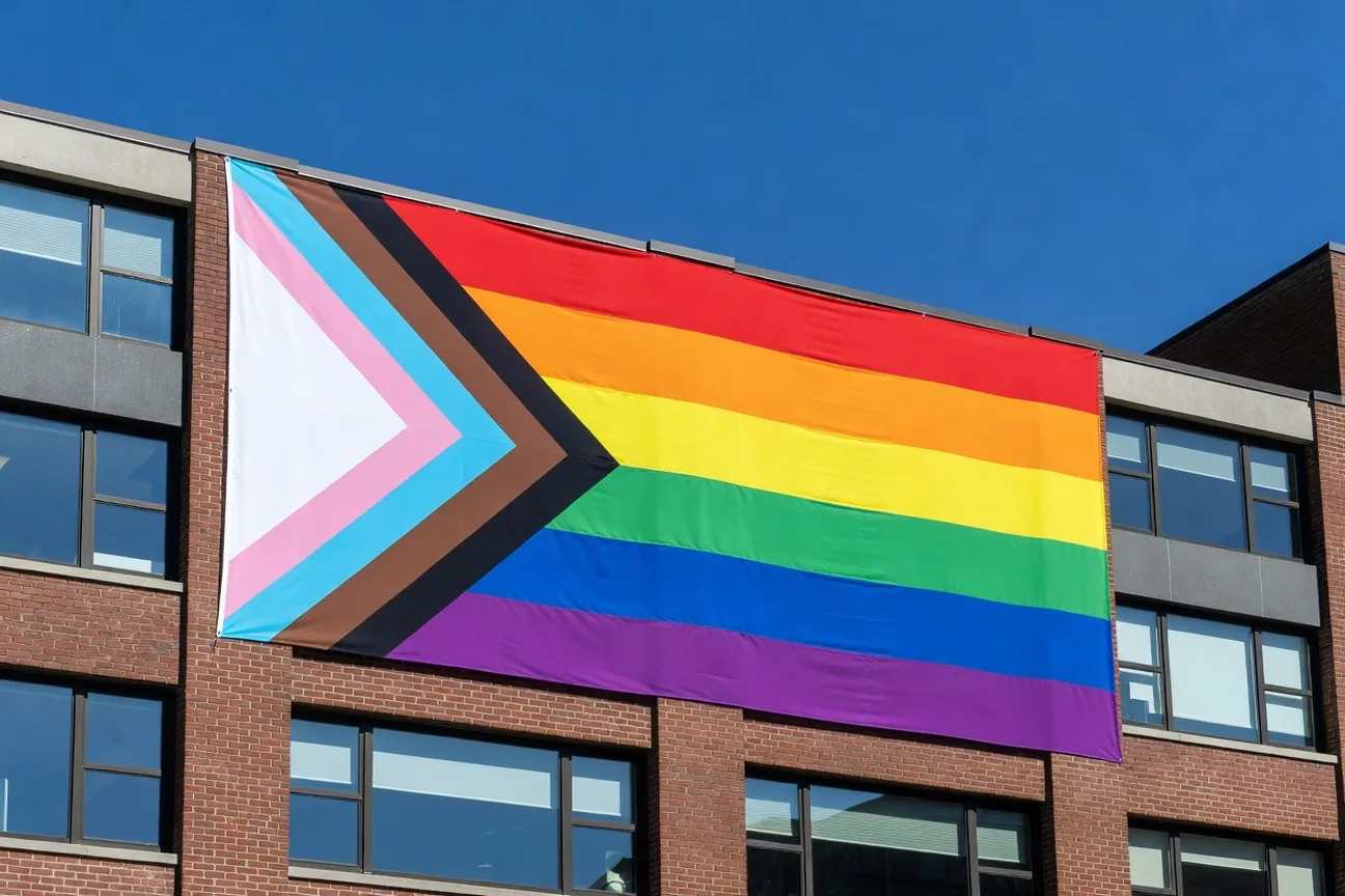 Drapeau Progress Pride Flag arbor&eacute; lors d'une manifestation pour les droits LGBTQ+