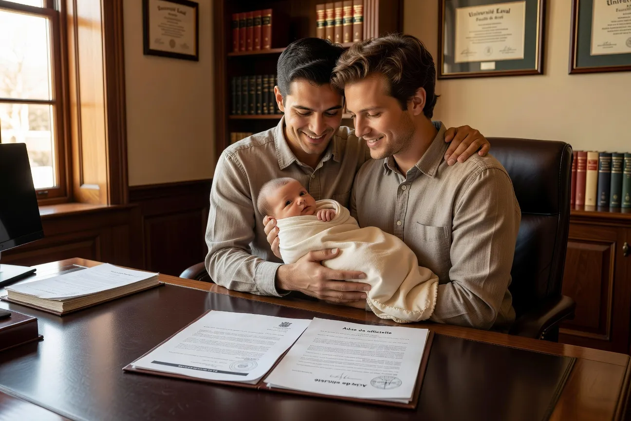 Couple masculin tenant leur bébé avec des documents légaux sur une table dans un bureau notarial québécois