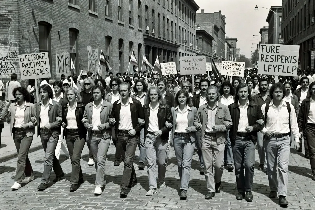 Archives historiques de la marche de la Fiert&eacute; Montr&eacute;al des ann&eacute;es 1980, manifestants avec pancartes