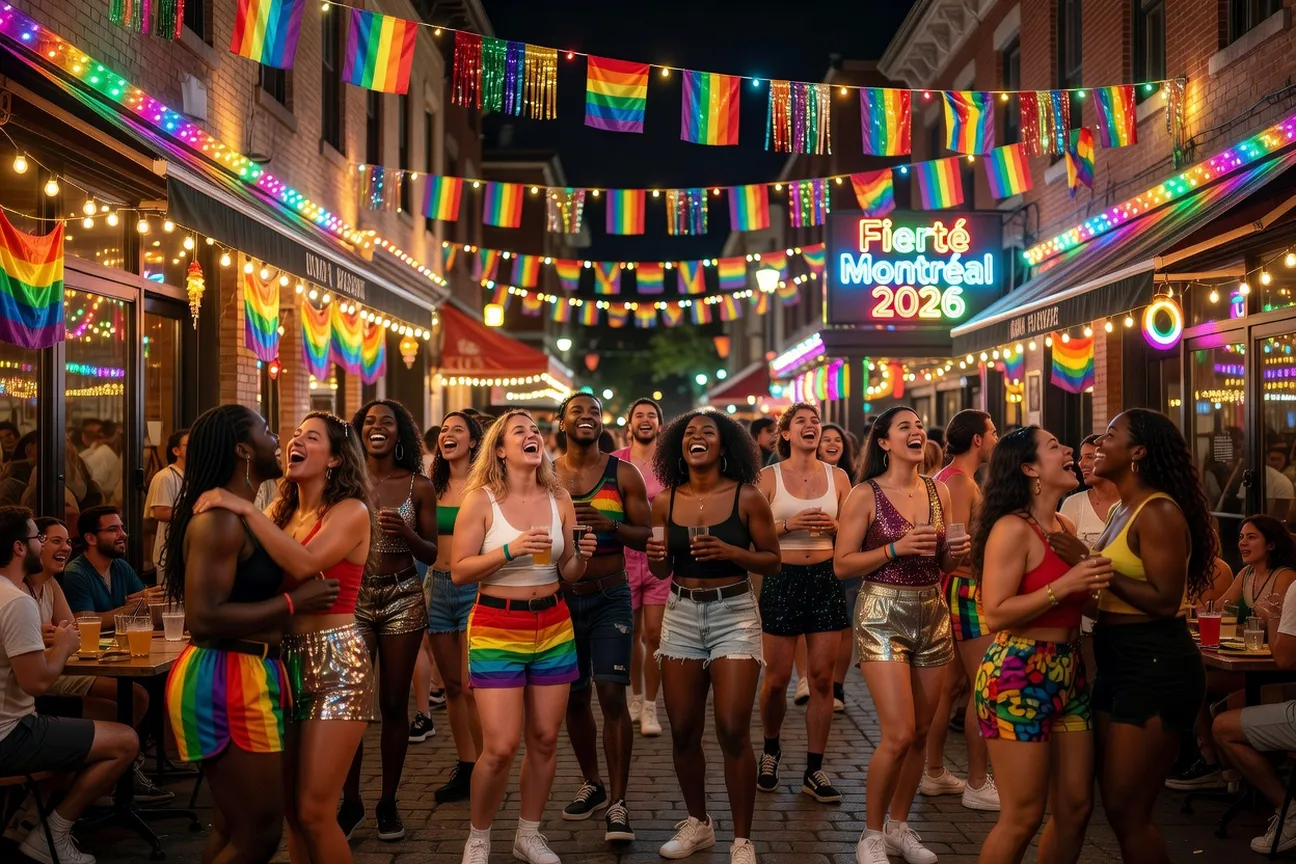 Village gai de Montr&eacute;al illumin&eacute; la nuit pendant la semaine de la Fiert&eacute; 2026
