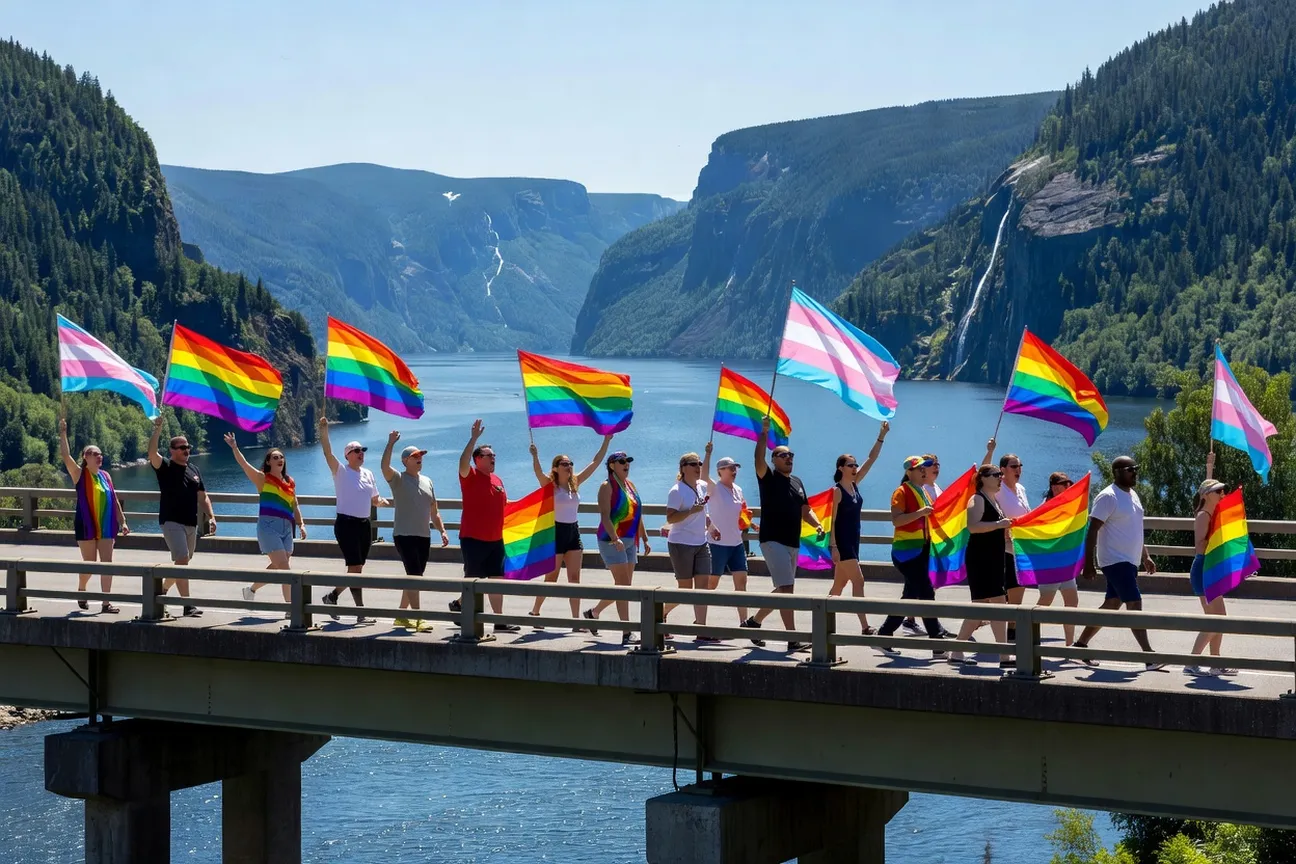D&eacute;fil&eacute; de la Fiert&eacute; Saguenay 2025, participants traversant le centre-ville avec drapeaux arc-en-ciel