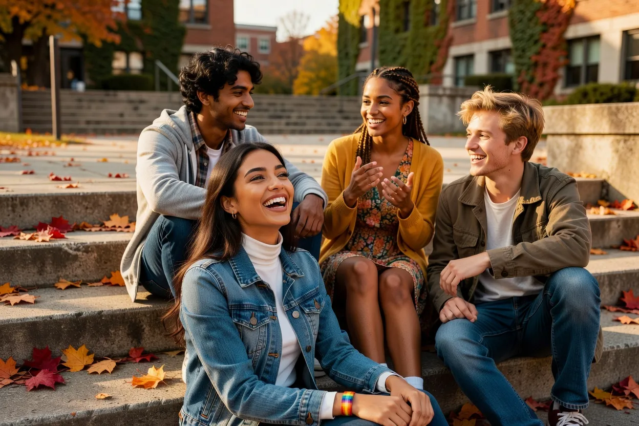 Quatre jeunes adultes assis sur les marches d'un campus montréalais en automne, l'un portant un bracelet arc-en-ciel