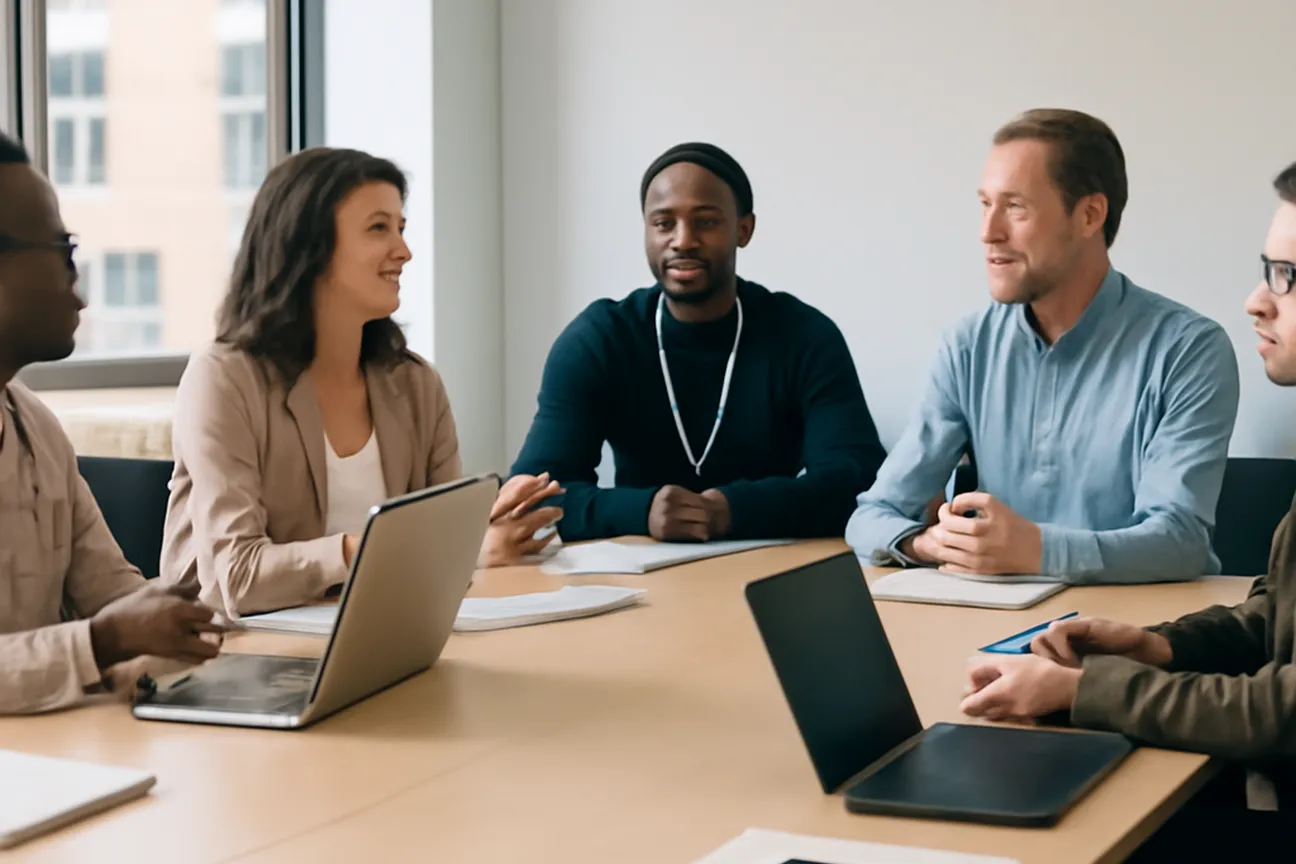 Réunion d’équipe inclusive dans un bureau québécois avec employés divers échangeant de manière détendue
