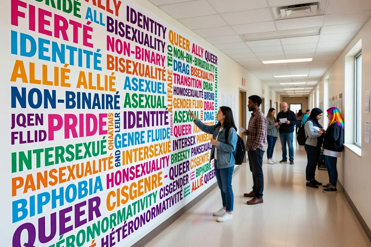 Mur coloré avec des mots du vocabulaire LGBTQ+ dans un couloir de centre communautaire au Québec