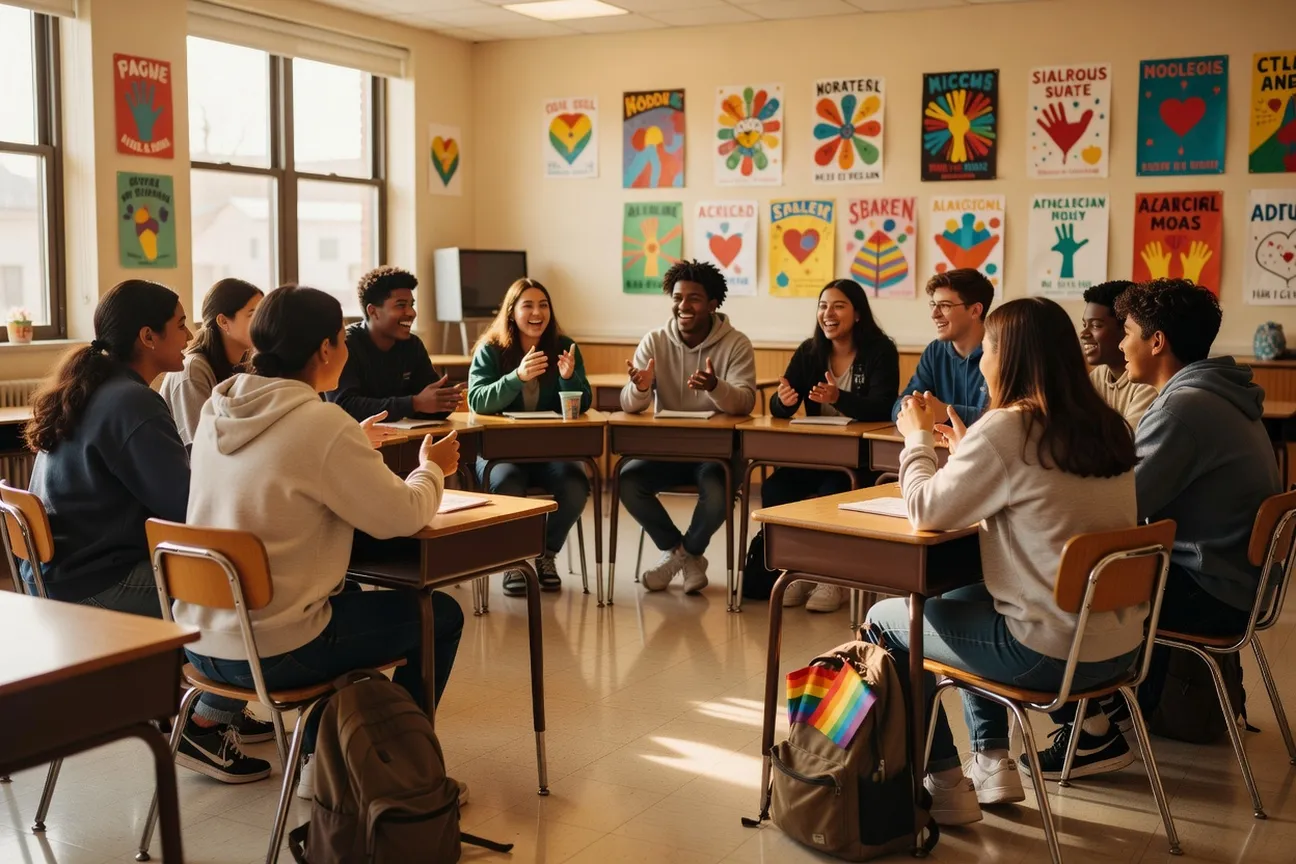 Groupe d’élèves du secondaire participant à une réunion d’alliance gai-hétéro dans une salle de classe