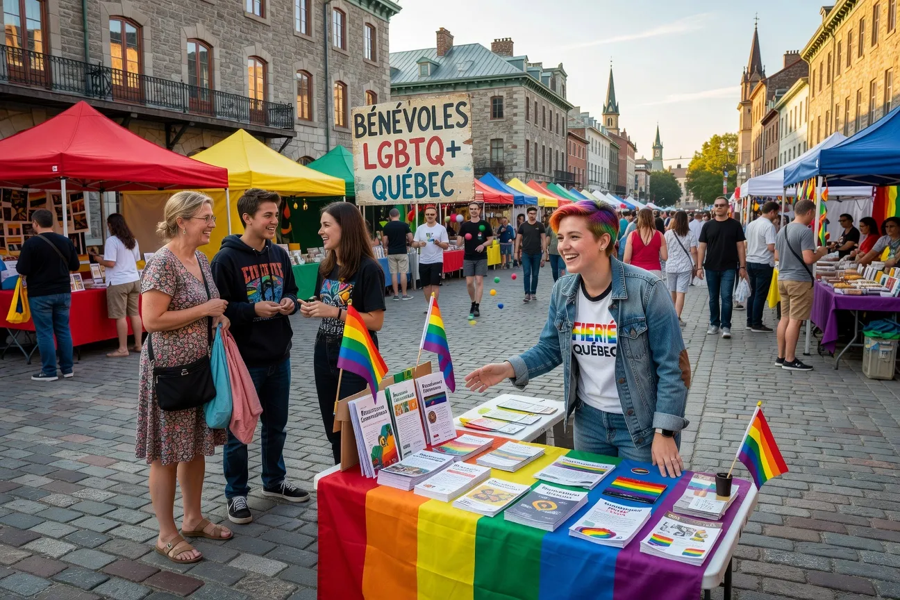 Jeune bénévole LGBTQ+ à un kiosque communautaire lors d'une fête de rue au Québec