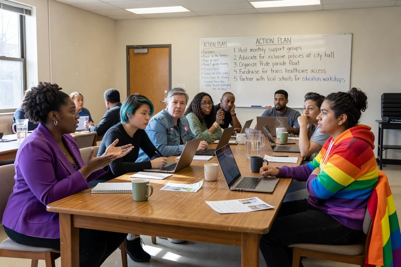 Comité LGBTQ+ en réunion dans une salle communautaire, participants divers autour d'une table avec tableau blanc