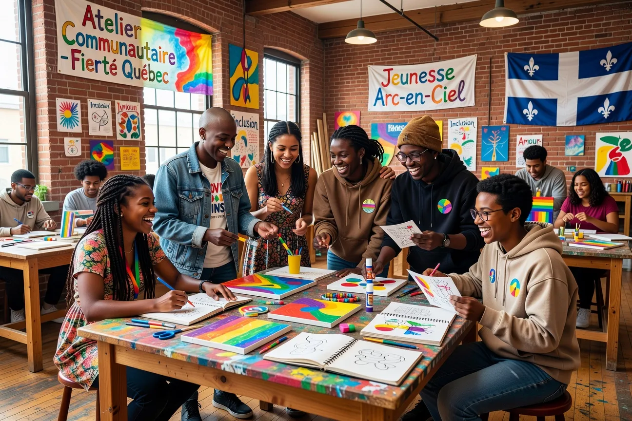 Groupe de jeunes LGBTQ+ diversifiés lors d'un atelier communautaire au Québec