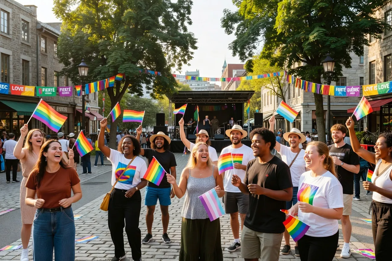 Carte du Qu&eacute;bec avec des &eacute;pingles color&eacute;es indiquant les villes o&ugrave; se tiennent des &eacute;v&eacute;nements LGBTQ+ en 2026