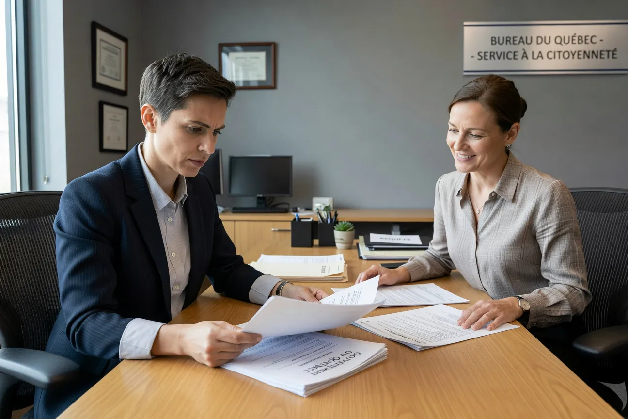 Personne non-binaire qui examine des documents officiels dans un bureau gouvernemental québécois