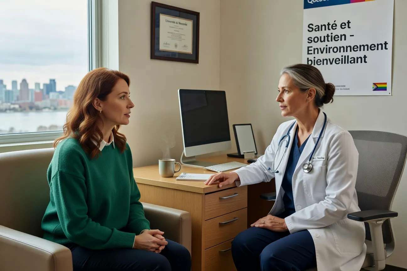 Femme trans lors d'une consultation médicale dans un hôpital québécois, environnement bienveillant
