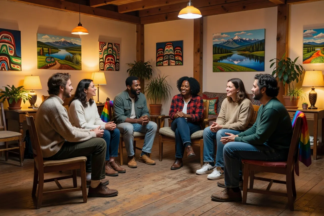 Groupe de personnes LGBTQ+ en milieu rural qu&eacute;b&eacute;cois, ambiance chaleureuse et inclusive