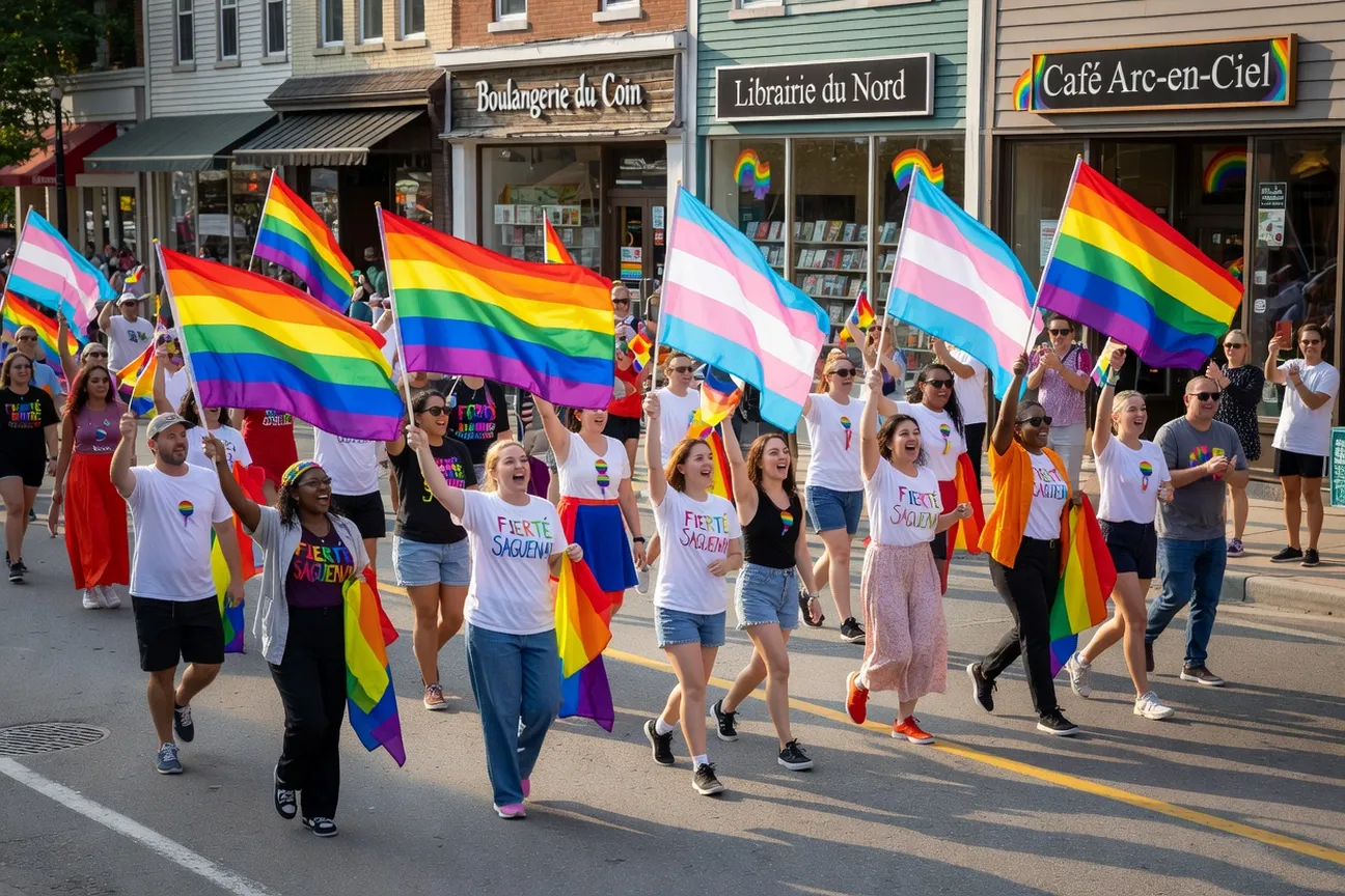D&eacute;fil&eacute; de la Fiert&eacute; de Saguenay, foule diverse dans une ville r&eacute;gionale qu&eacute;b&eacute;coise