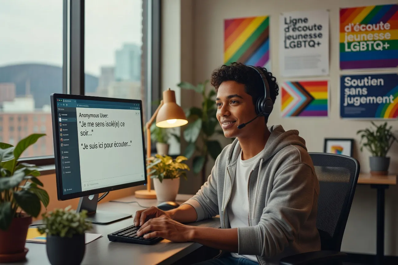 Jeune qu&eacute;b&eacute;cois utilisant son t&eacute;l&eacute;phone pour appeler une ligne d'&eacute;coute LGBT, dans un environnement r&eacute;confortant