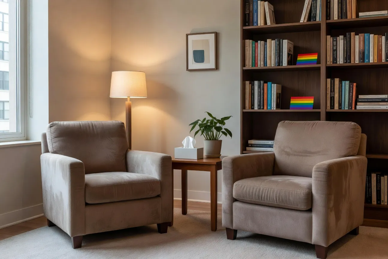 Cabinet de sexologie chaleureux &agrave; Montr&eacute;al, fauteuils en face-&agrave;-face, lumi&egrave;re douce, drapeau arc-en-ciel discret au mur