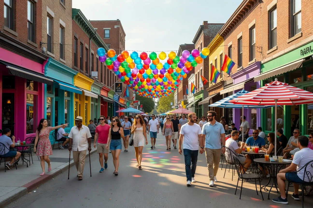 Rue Sainte-Catherine pi&eacute;tonnis&eacute;e bord&eacute;e de terrasses anim&eacute;es dans le Village gai de Montr&eacute;al, drapeau arc-en-ciel suspendu au-dessus