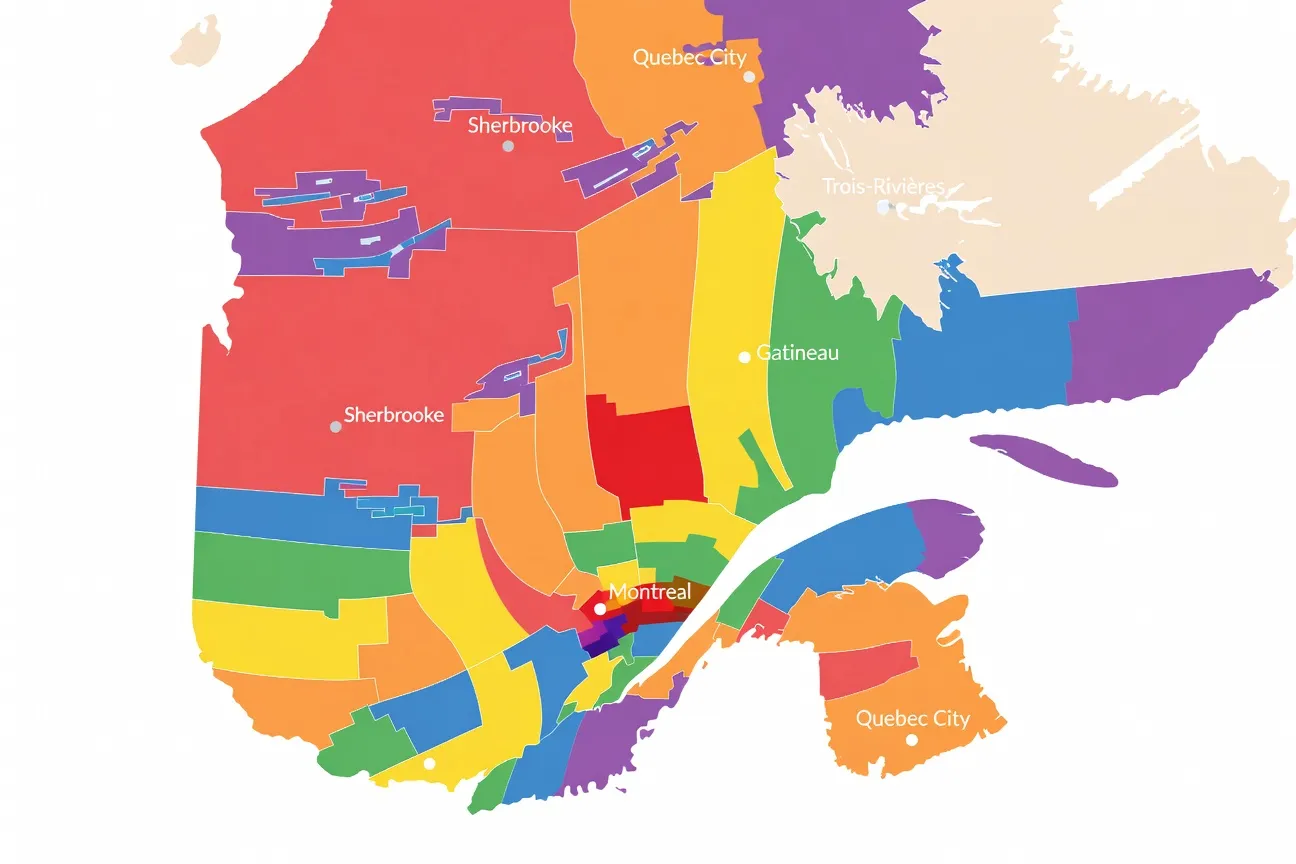 Carte color&eacute;e du Qu&eacute;bec mettant en valeur la r&eacute;partition de la communaut&eacute; LGBT par r&eacute;gion administrative