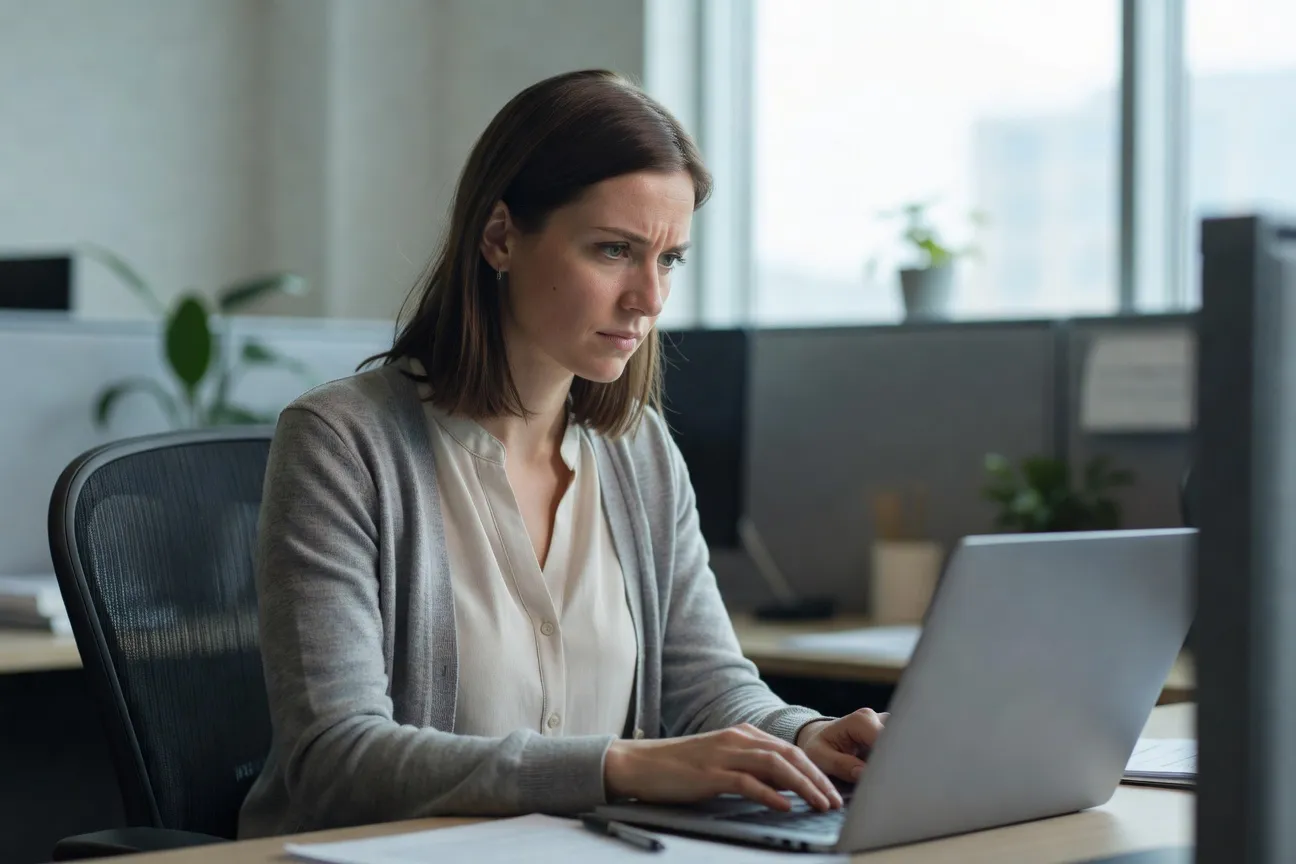 Femme trans qu&eacute;b&eacute;coise concentr&eacute;e devant son ordinateur lors d'une r&eacute;union professionnelle