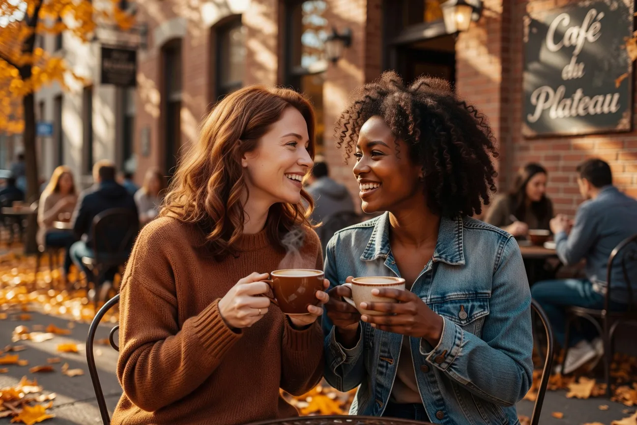 Couple form&eacute; de deux femmes qu&eacute;b&eacute;coises souriantes assises &agrave; la terrasse d'un caf&eacute; du Plateau-Mont-Royal