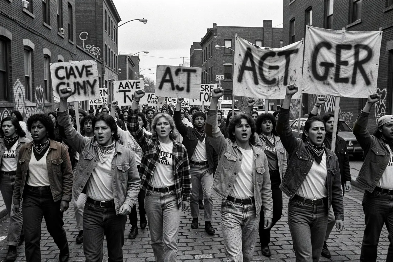 Archives en noir et blanc d'une manifestation LGBT &agrave; Montr&eacute;al dans les ann&eacute;es 1980, banderoles ACT MTL et drapeaux arc-en-ciel