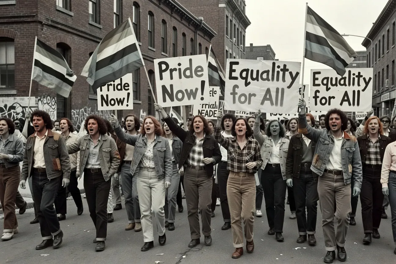 Archives en noir et blanc d'une manifestation LGBT &agrave; Montr&eacute;al dans les ann&eacute;es 1980, banderoles et drapeaux arc-en-ciel