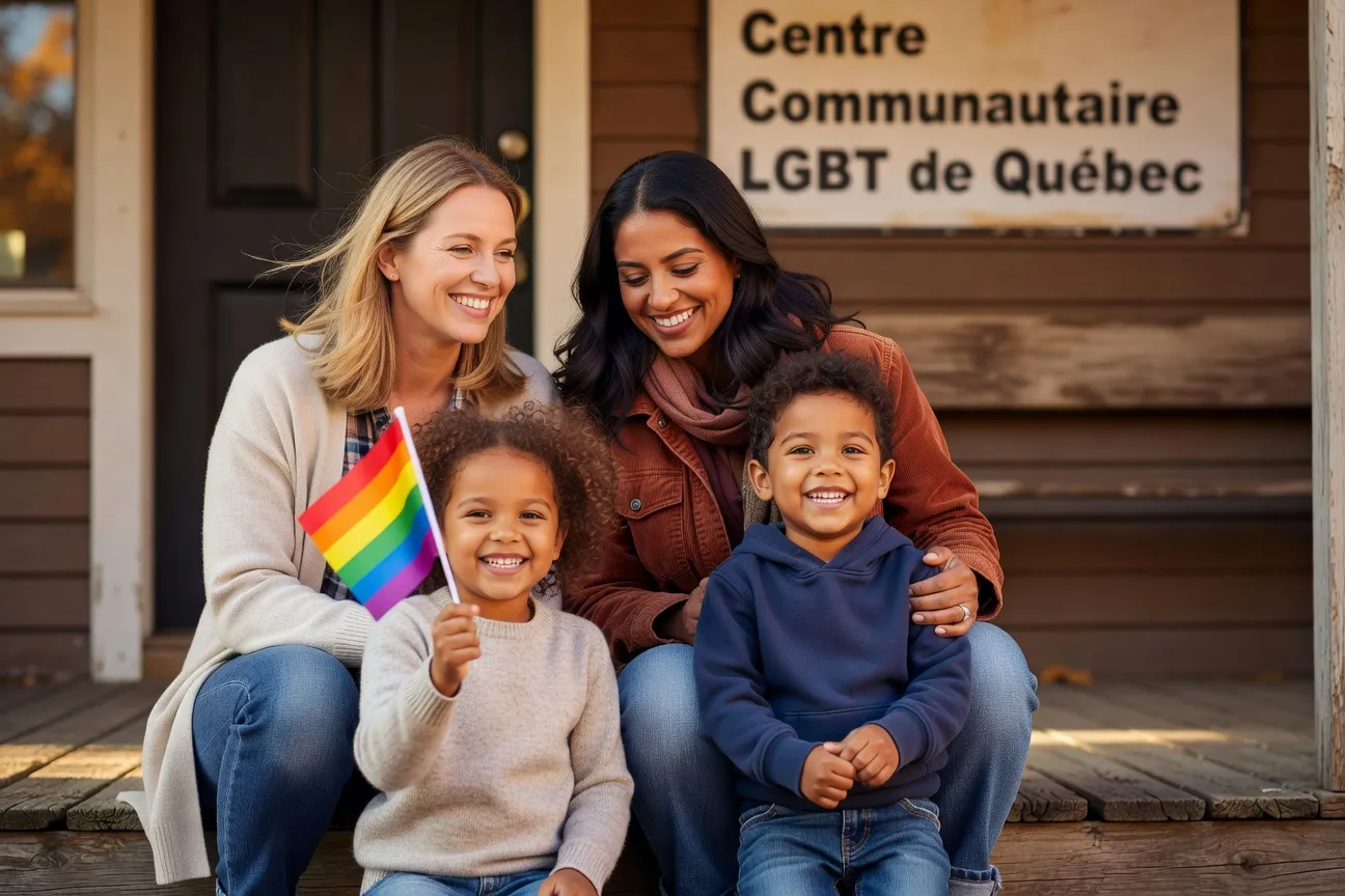 Famille homoparentale qu&eacute;b&eacute;coise compos&eacute;e de deux mamans et deux enfants posant devant un local communautaire LGBT