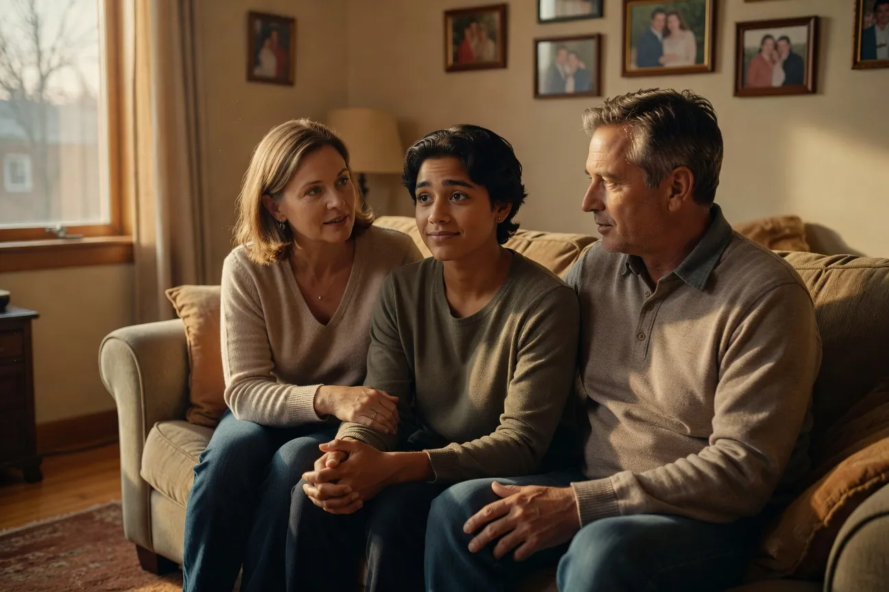 Famille qu&eacute;b&eacute;coise diverse autour d'une table de cuisine, parents qui &eacute;coutent attentivement leur enfant adolescent qui parle, atmosph&egrave;re bienveillante
