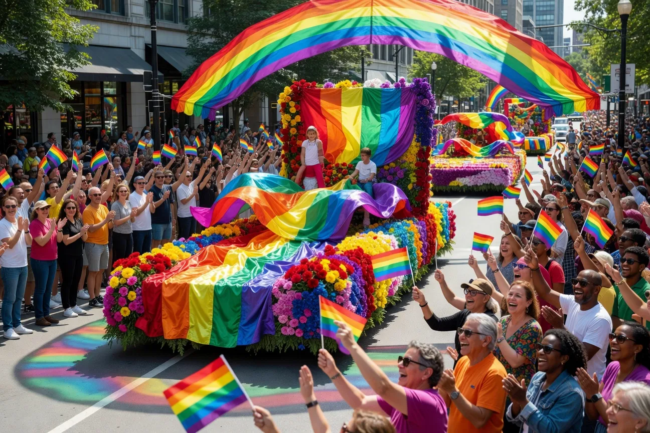 D&eacute;fil&eacute; de la Fiert&eacute; Montr&eacute;al avec des hommes gais brandissant des drapeaux arc-en-ciel le long de la rue Sainte-Catherine en ao&ucirc;t 2026