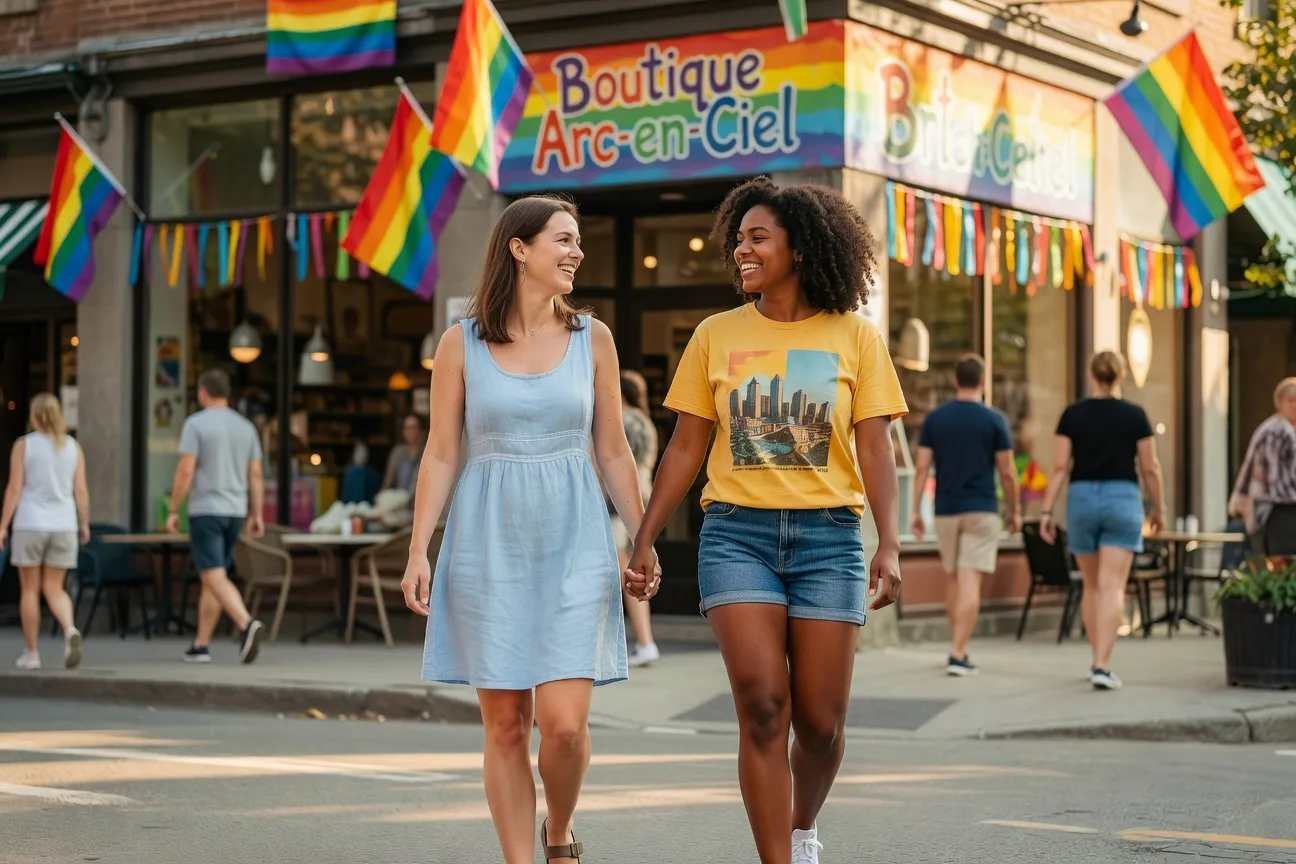 Couple form&eacute; de deux femmes qu&eacute;b&eacute;coises diverses tenant un drapeau arc-en-ciel devant une boutique du Village gai de Montr&eacute;al