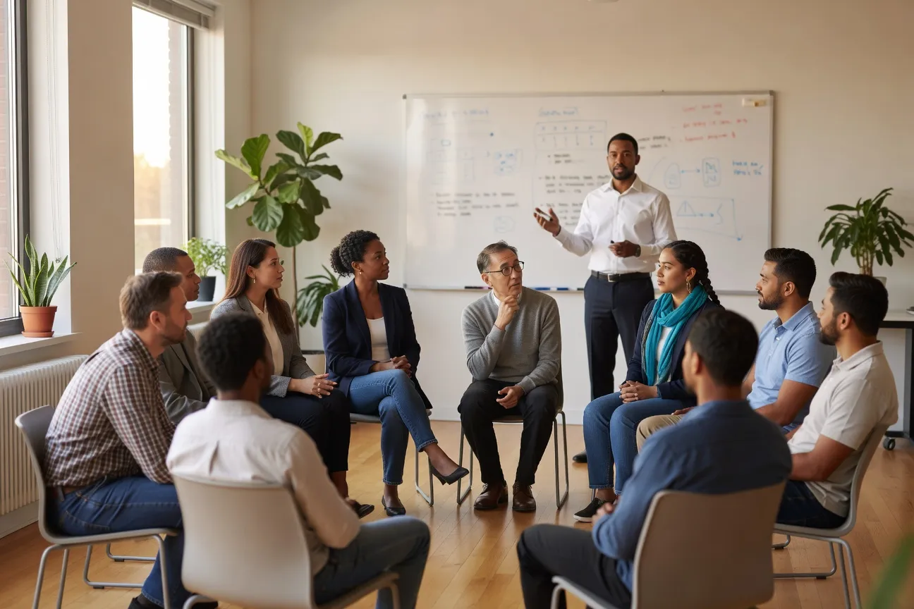 Groupe d'employ&eacute;s divers en formation sur la diversit&eacute; et l'inclusion dans une entreprise qu&eacute;b&eacute;coise