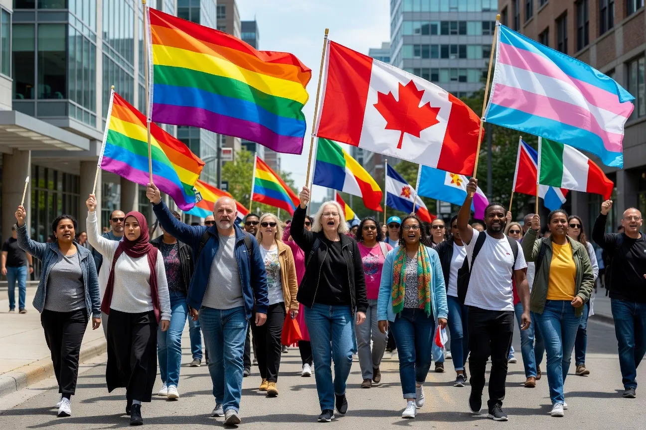 Manifestation de solidarit&eacute; pour les r&eacute;fugi&eacute;s LGBT &agrave; Montr&eacute;al, drapeau arc-en-ciel et drapeau canadien