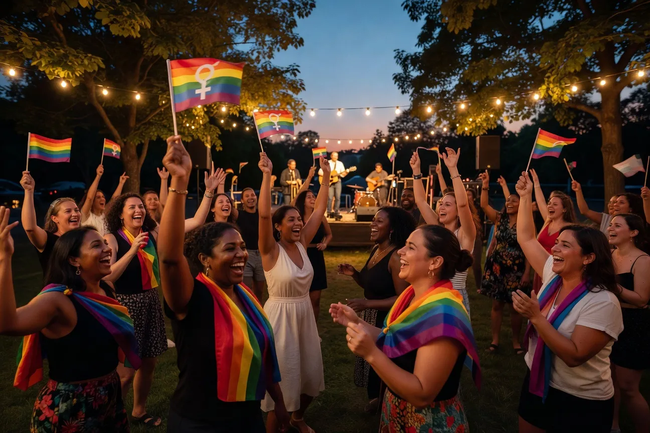 Foule de femmes participant joyeusement au pique-nique des lesbiennes pendant Fiert&eacute; Montr&eacute;al dans un parc urbain