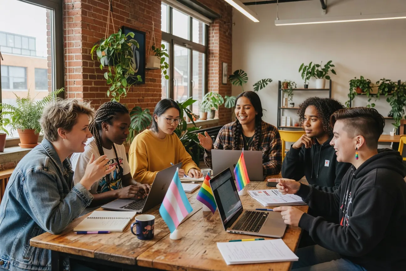 Jeunes militants LGBTQ+ qu&eacute;b&eacute;cois divers en 2026, brandissant drapeaux arc-en-ciel, trans et bispirituel devant l'H&ocirc;tel-de-Ville de Montr&eacute;al