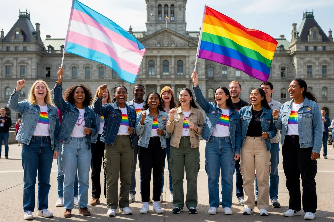 Jeunes militants LGBT divers du Qu&eacute;bec contemporain, brandissant un drapeau trans et un drapeau arc-en-ciel devant l'Assembl&eacute;e nationale